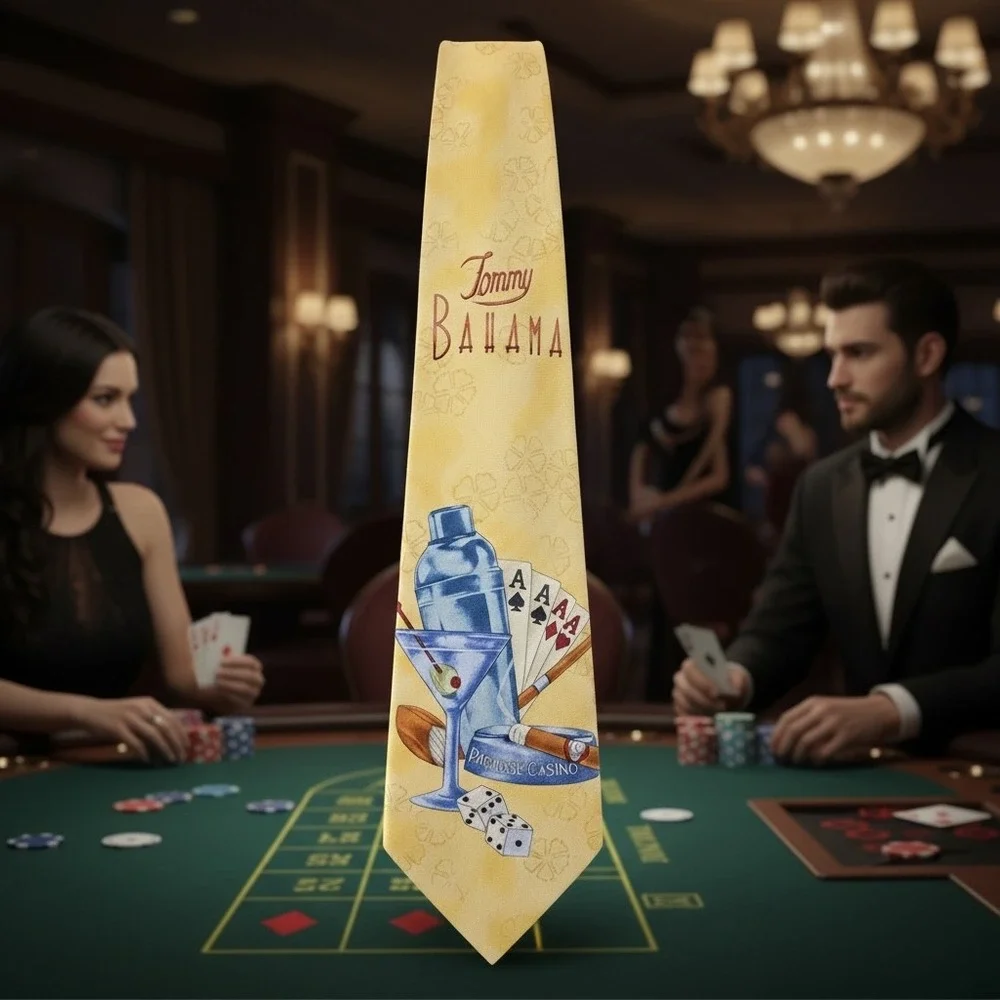 Tommy Bahama Mens Silk Tie Yellow Paradise Casino Poker Gambling Martini Cigar